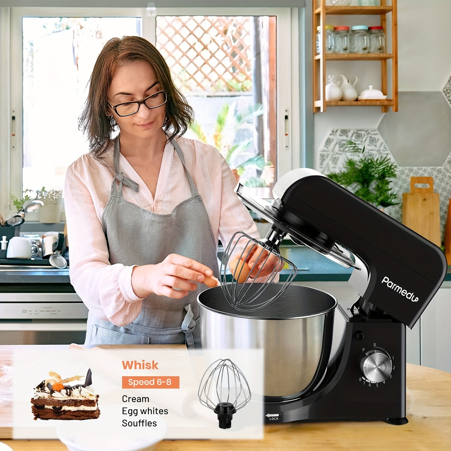 Compact Stand Mixer 11.8" D X 6.9" W X 10.4"H: 8-Speed 380 W Tilt-Head Household Food Mixer- 4.76 Qt 304 Stainless Steel Bowl with Cover& Egg Whisk& Dough Hook& Flat Beater- Electric Kitchen Stand Mixer for Baking, Pizza, Smo