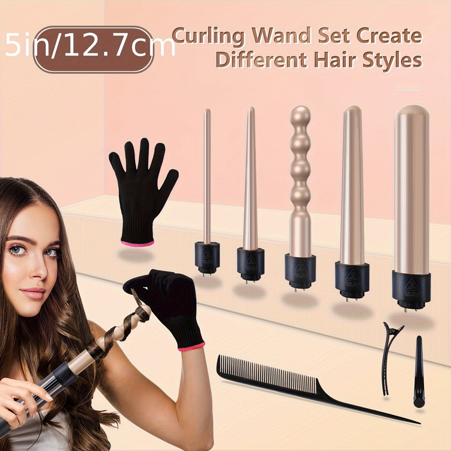 Hair Curling Wand 5in 1 Hair Curlers Iron Set 0.4" - 1.25" with 5 Ceramic Interchangeable Barrel for Long Short Hair Styling Tool for Women Gifts Birthday Christmas Thanksgiving Day New Year Festival Hairstylist Essentials St