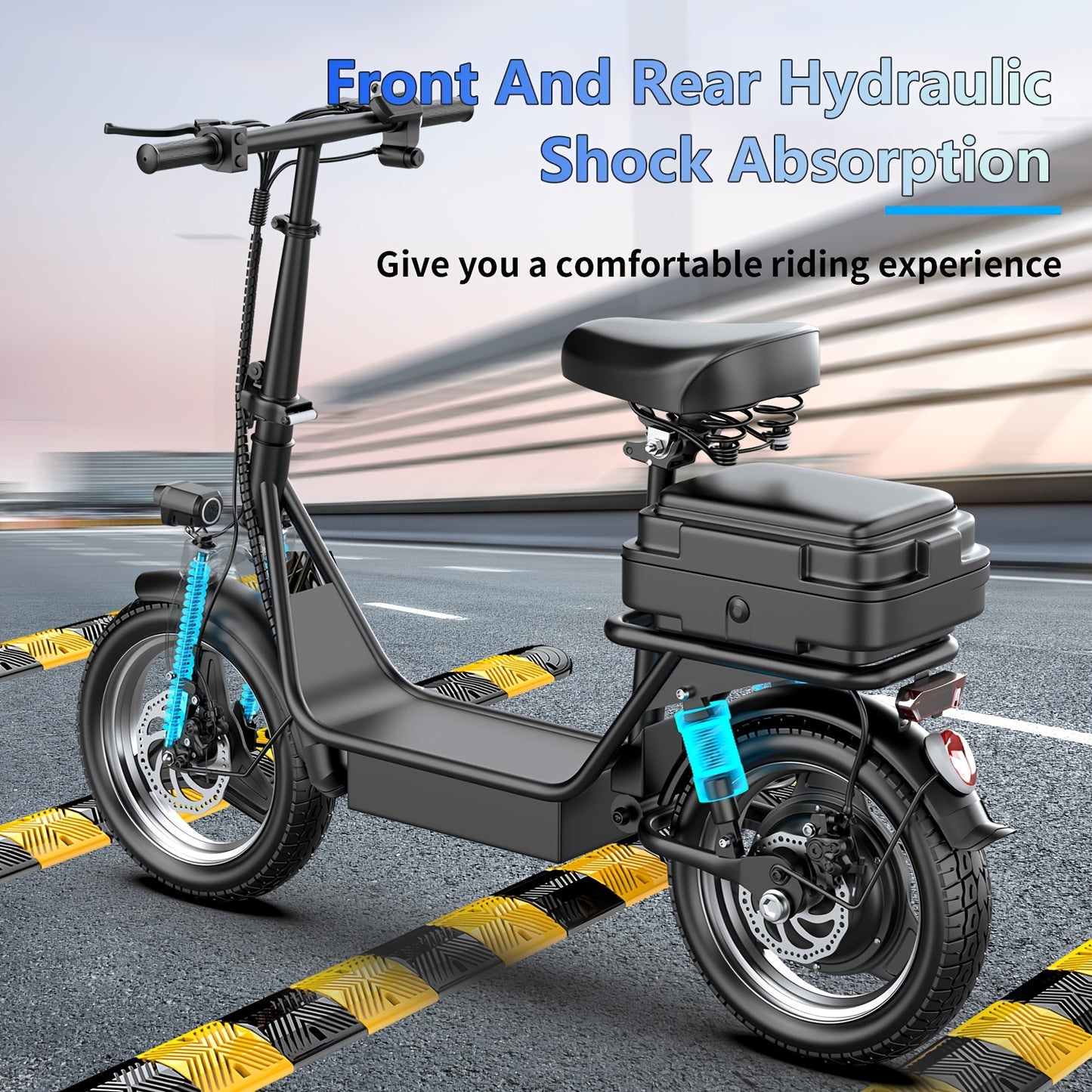 Electric Scooter for Adults Featuring a 650W/350W Peak Motor, Capable of Covering Distances of 21 to 30 Miles. It Includes a Seat, Box, And Basket, Along with Disc Brakes. The Scooter Operates on a 48V 15A Or 36V 7.5A System