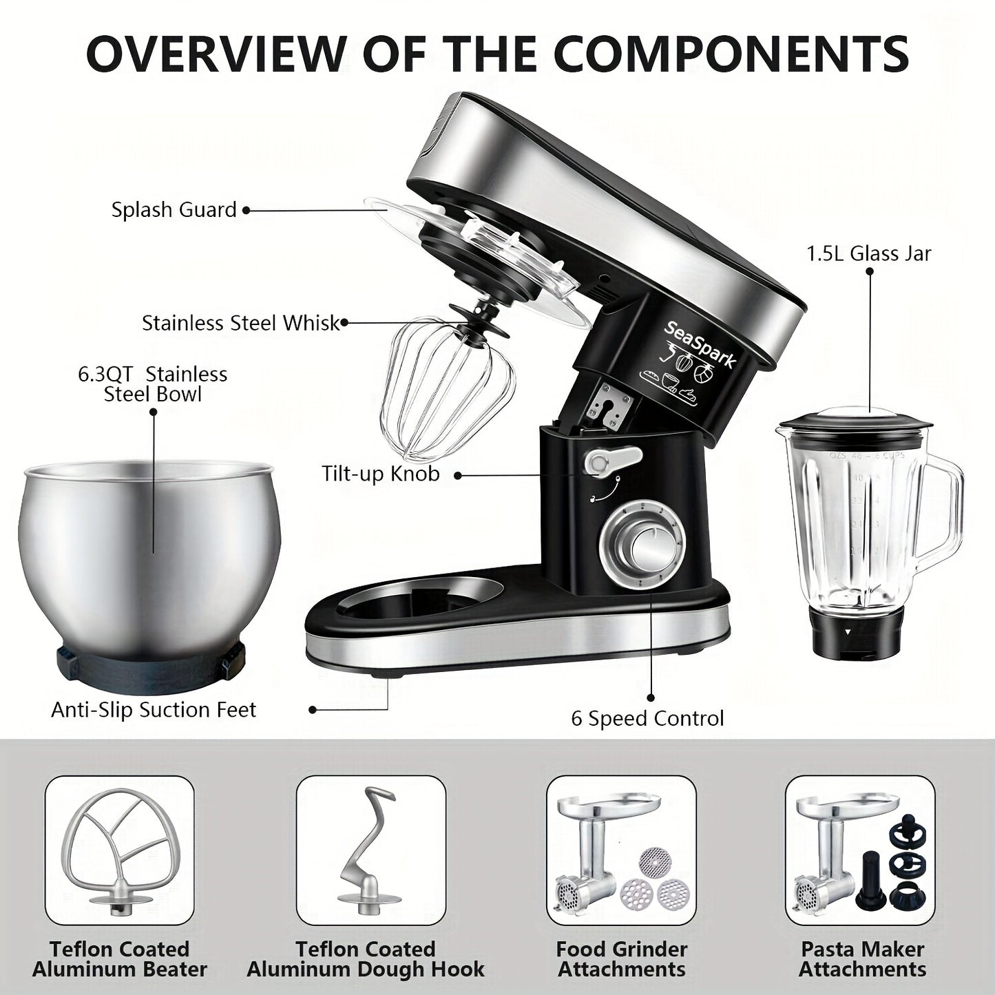 One Kitchen Electric Mixer, Featuring a 5-In-1 Design with Six Speed Settings And a Pulse Function, Comes with a 6.3QT Stainless Steel Bowl, Dough Hook, Mixing Attachment, Egg Whisk, And Spatula