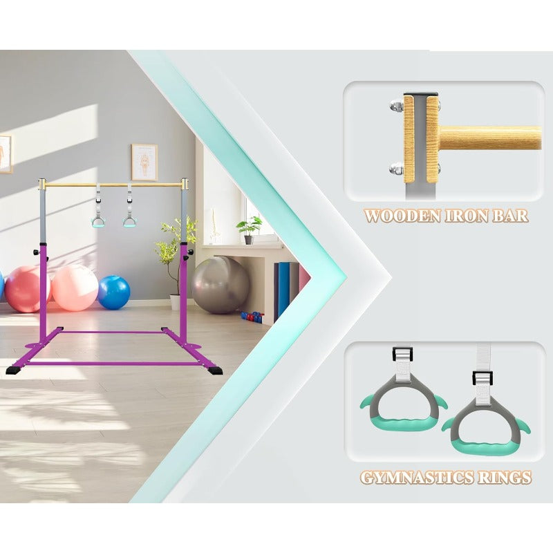 Adjustable Gymnastics Bar with Mat - Heavy-Duty Steel Frame & Foam Grip, 250 lbs Capacity, 3'-5' Height Adjustable Horizontal Kip Bar with Rings for Home Training, Easy Assembly with Tools Included, Ideal for Ages 3-15, Indoo