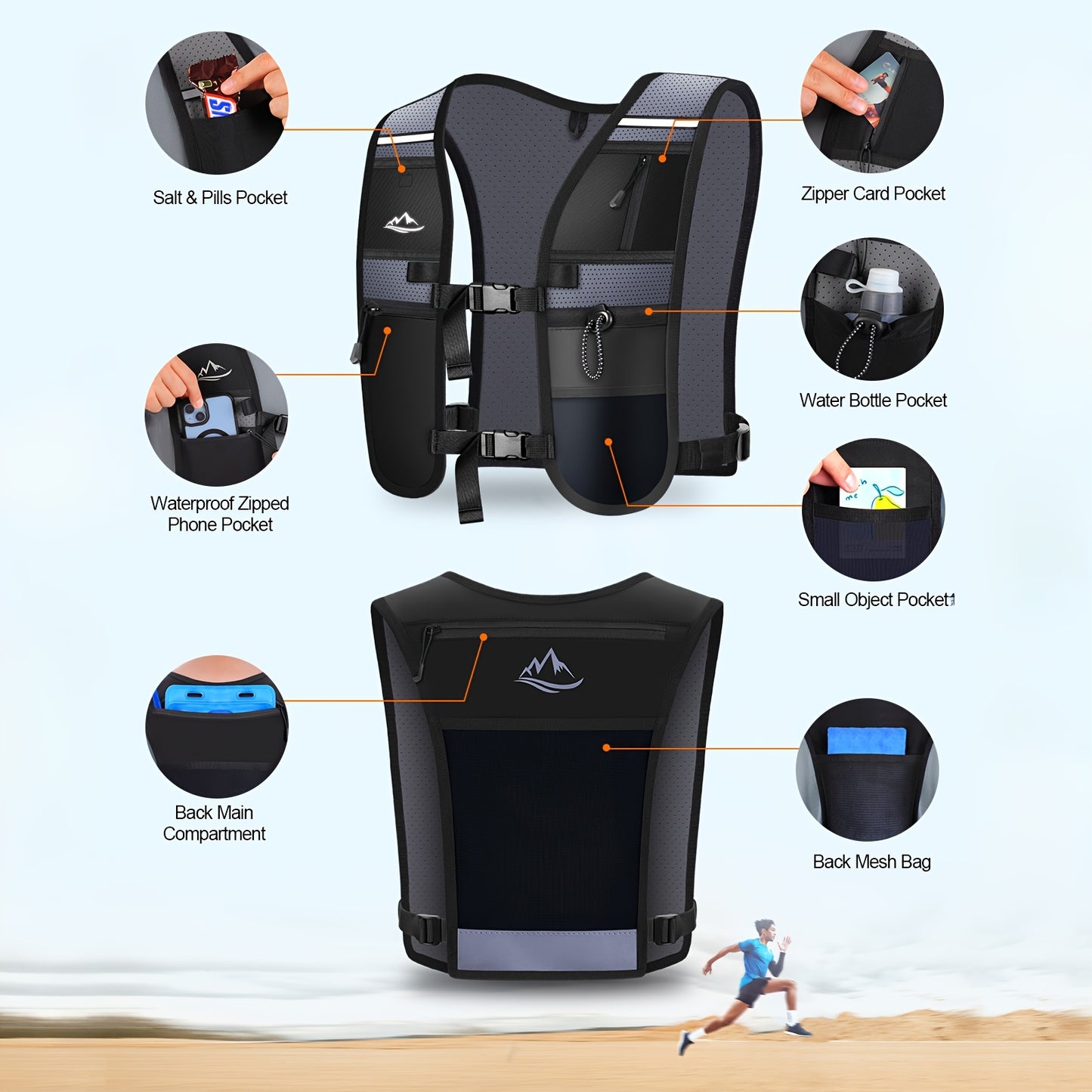WOCBUY Running Vest for Women Men, Lightweight Breathable Hydration Vest with Large Compartment, Reflective Running Hydration Vest, Running Water Vest for Hiking Cycling Marathon Trail Jogging Race