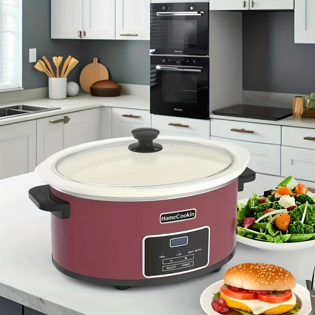 8 Quart Large Digital Slow Cooker with Stoneware Pot - Programmable Slow Cooker with Keep Warm Function, Digital Display & One-Touch Operation, 240W, Red/Blue//Black - Ideal for Family Dinners, Roasts, Stews
