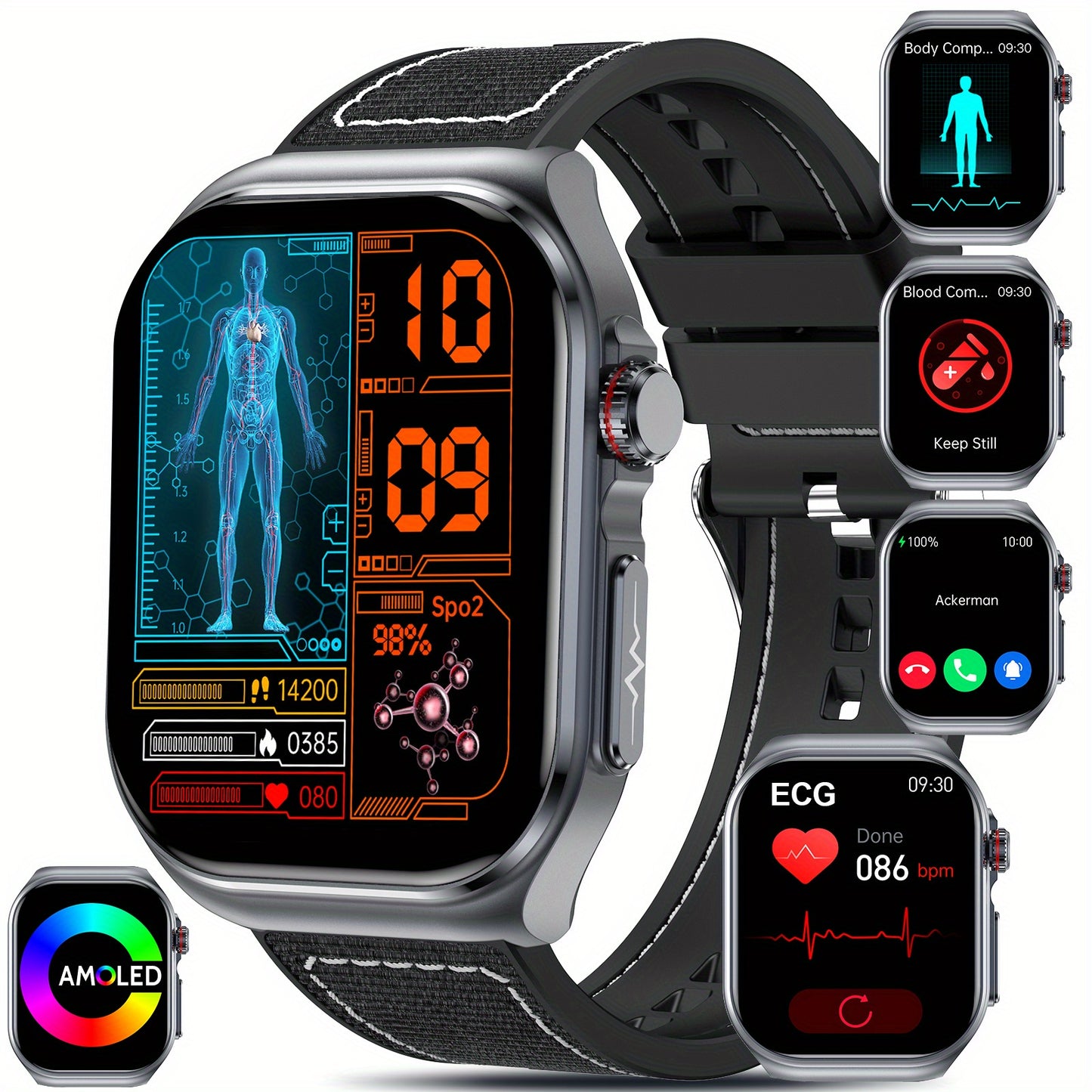 Smartwatch with 2.04" AMOLED Display, Long-Lasting Battery, Wireless Calling & NFC, Compatible for Android/iOS Smartphones, Voice Assistant/SOS, Menstrual Tracker & Weather App, Magnetic Charging, Unisex Smartwatch for Men &