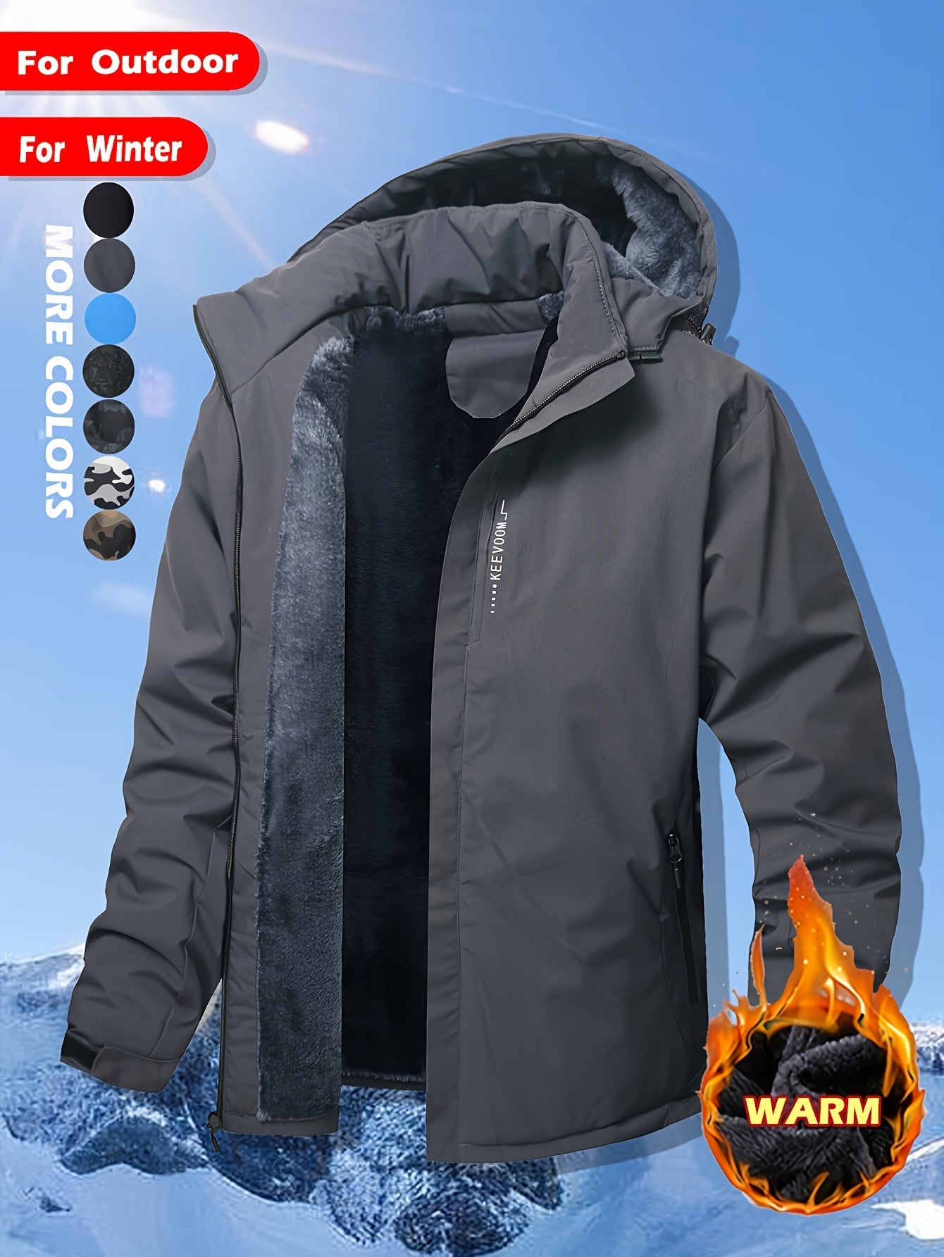 Keevoom Coat Hooded Fleece-Lined Winter Water-Resistant