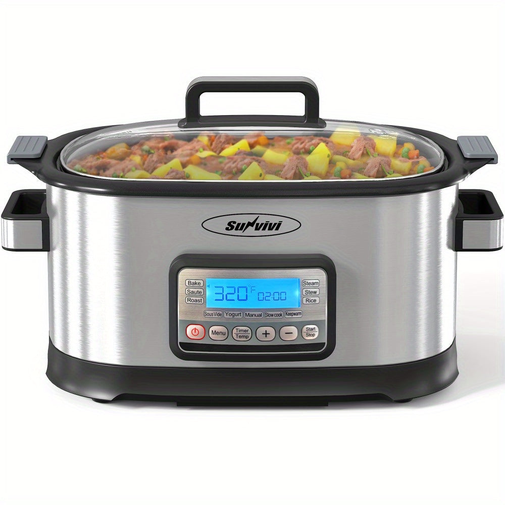 6.5QT 11-in-1 Silver Slow Cooker Digital Programmable Roaster Oven with Rack Nonstick Crock Glass Lid Timer Temp Control Delay Start for Spring Family Meals
