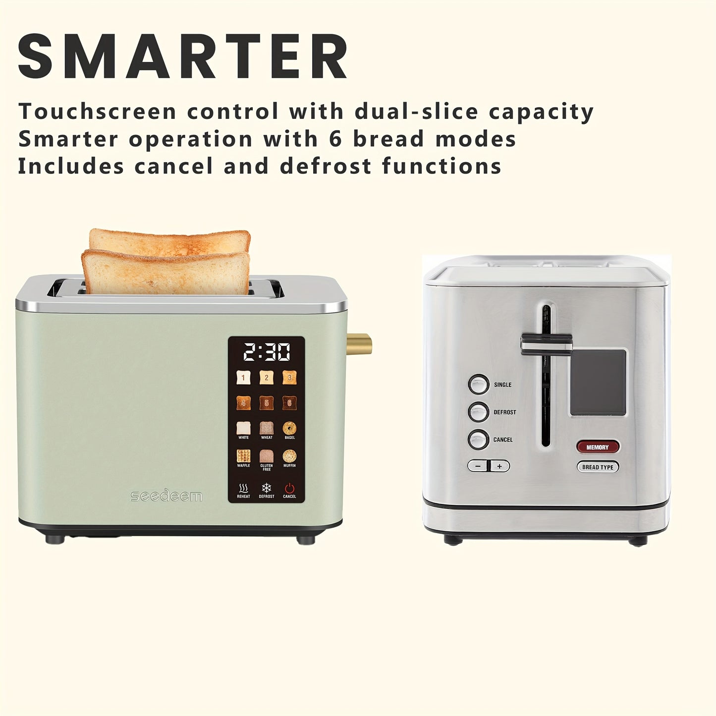 Touch Screen, Intelligent Stainless Steel 2pcs Toaster, 6 Tone Settings, 6 Bread Choices, Countdown, Unfreezing Cancellation And Other Functions, Movable Bread Crumb Tray, 900 Watts.