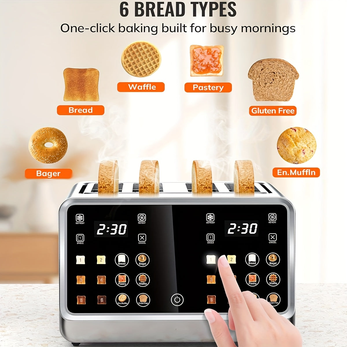 Toaster 4 Slice, Digital Smart Toaster with TouchScreen, Dual Control Panel, Single Slot Toasting, Timer, Reheat & Defrost for Bagels, Bread, Waffles, Stainless Steel Kitchen Essentials