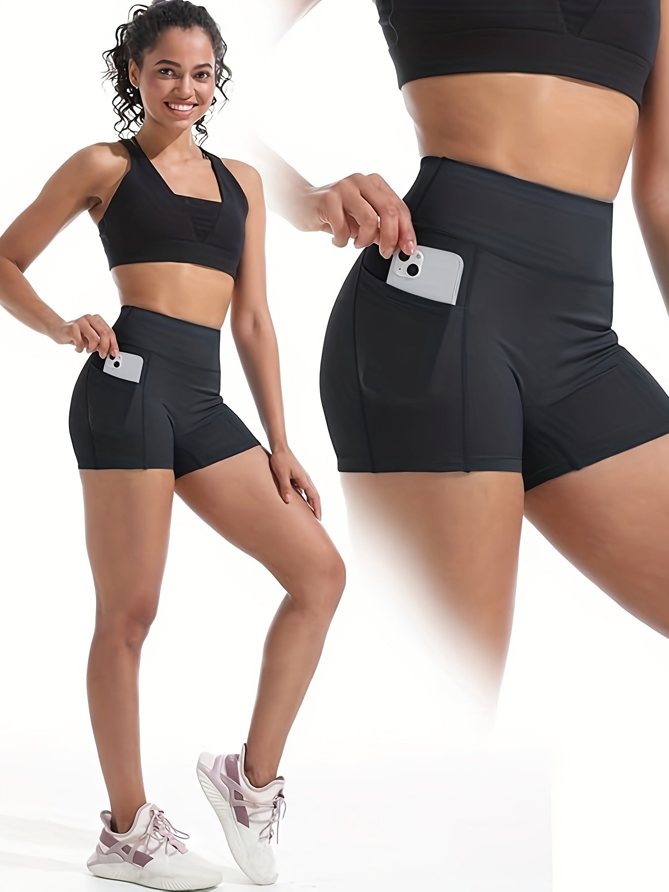 Three Piece Women's Portable Yoga Three Piece Pants with Pockets, Stretch Fitness Exercise Shorts