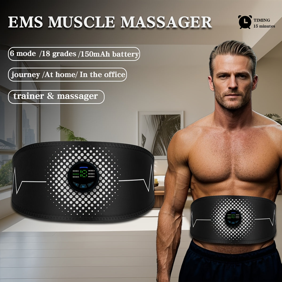 2in 1EMS Fitness Belt + Abdominal Massage Belt, 6 Modes to Choose From 18 Strength Levels Selected EMS Abdominal Muscle Trainers, Rechargeable Batteries, Holiday Gifts