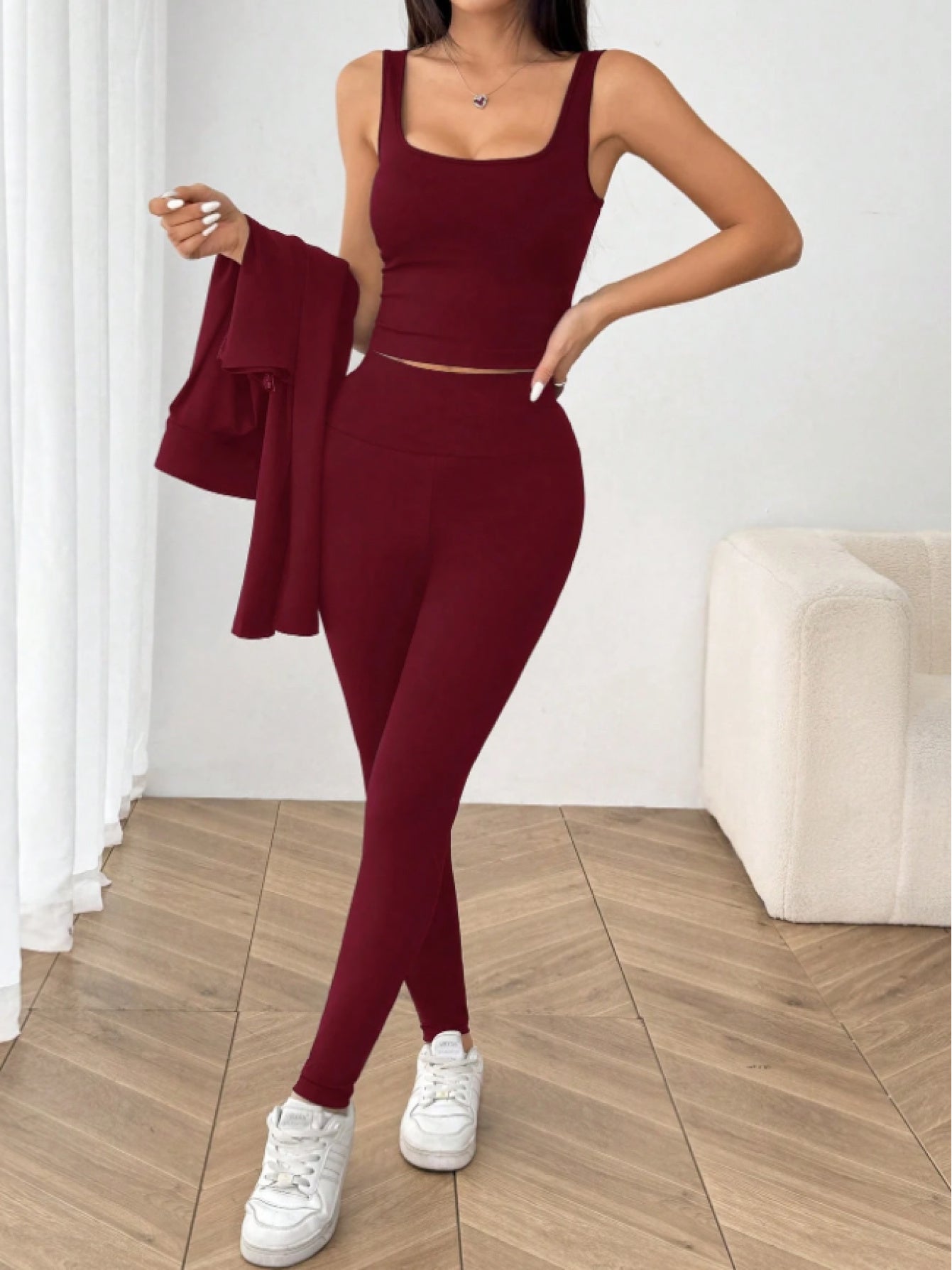Yoga Set Zip-Up Cardigan, Camisole And Leggings Polyester Blend