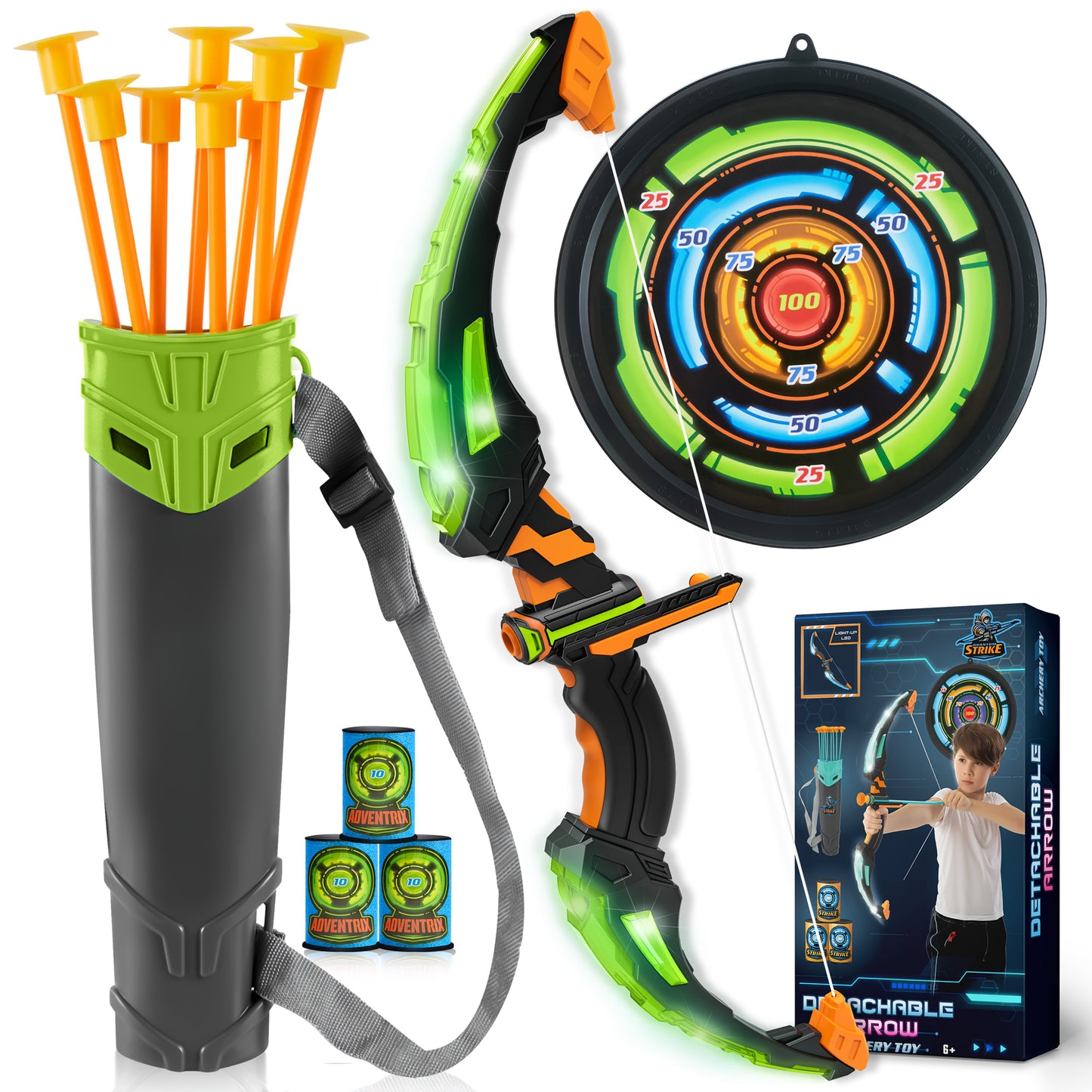 Kids LED Light Up Bow and Arrow Toy with 9 Suction Cup Arrows, Target & Case - ASTM- Archery Set Suitable for Boys & Girls, Indoor/Outdoor Archery Gift for Birthday/Christmas, - with Flashing Modes (Bow)