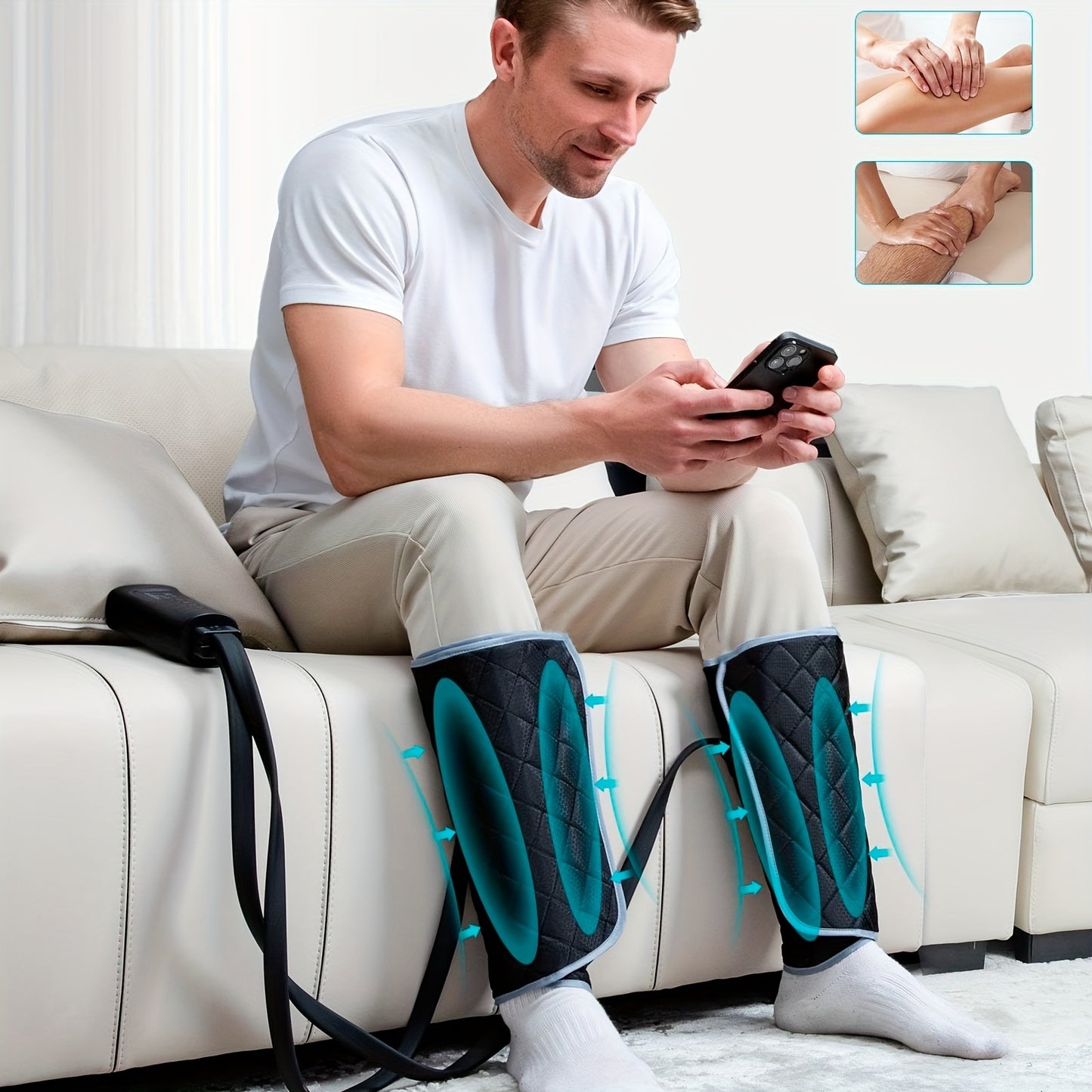 ALLJOY Leg Massager Designed to Enhance Circulation, Featuring Air Compression for The Calves with Six Different Modes, Two Heating Settings, And Three Vibration Options. It Includes Adjustable Wraps And an Automatic Shut-Off