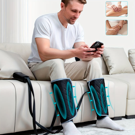 ALLJOY Leg Massager Designed to Enhance Circulation, Featuring Air Compression for The Calves with Six Different Modes, Two Heating Settings, And Three Vibration Options. It Includes Adjustable Wraps And an Automatic Shut-Off