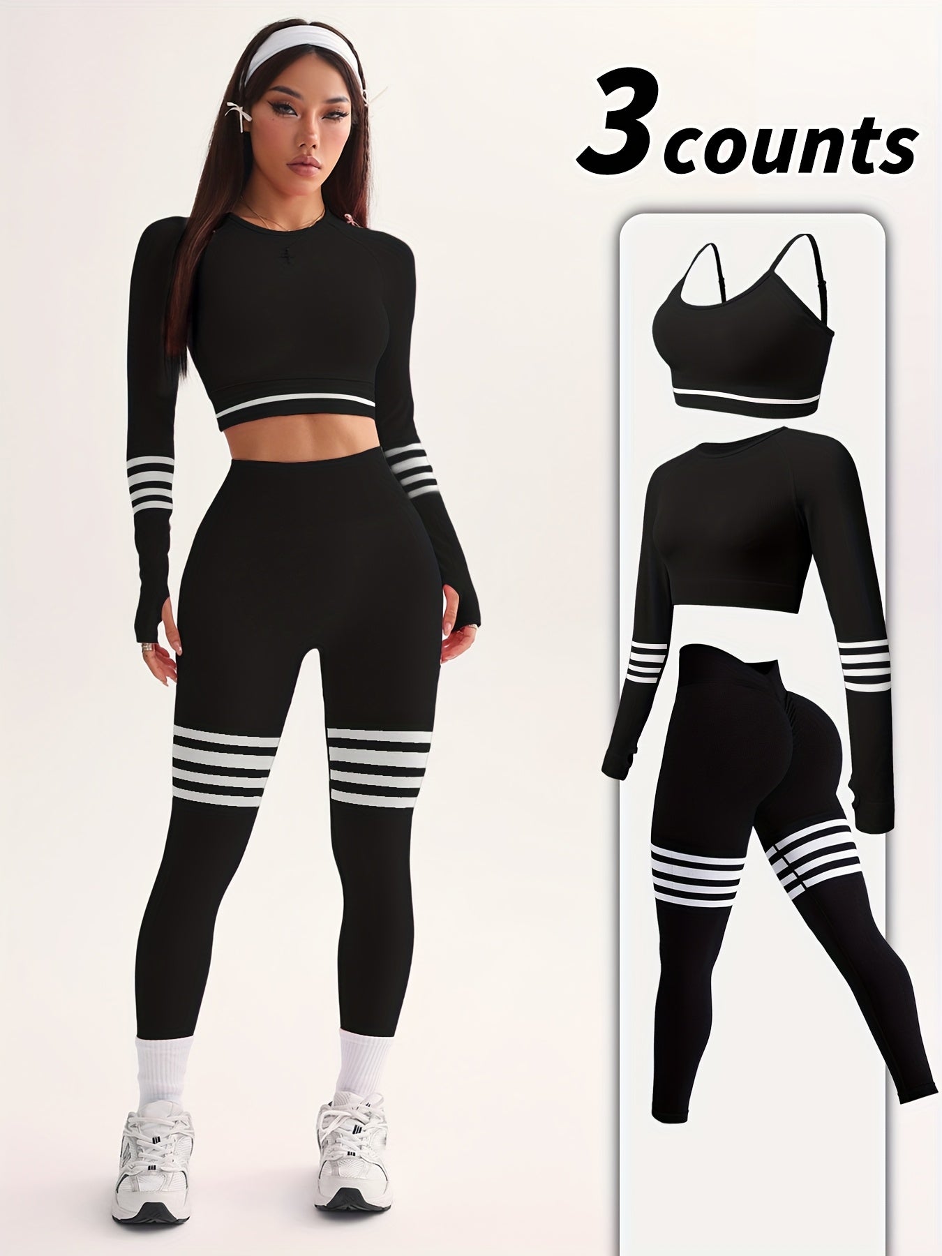 3pcs Women's Full Athletic Set - Seamless Striped Quick-Dry Sports Bra, Tight-Fitting Long Sleeve Gym Pants with Moai Panel Technology | High-Elasticity Moisture-Wicking Fabric for Running, Gymnastics, Training Outfit (All-Se