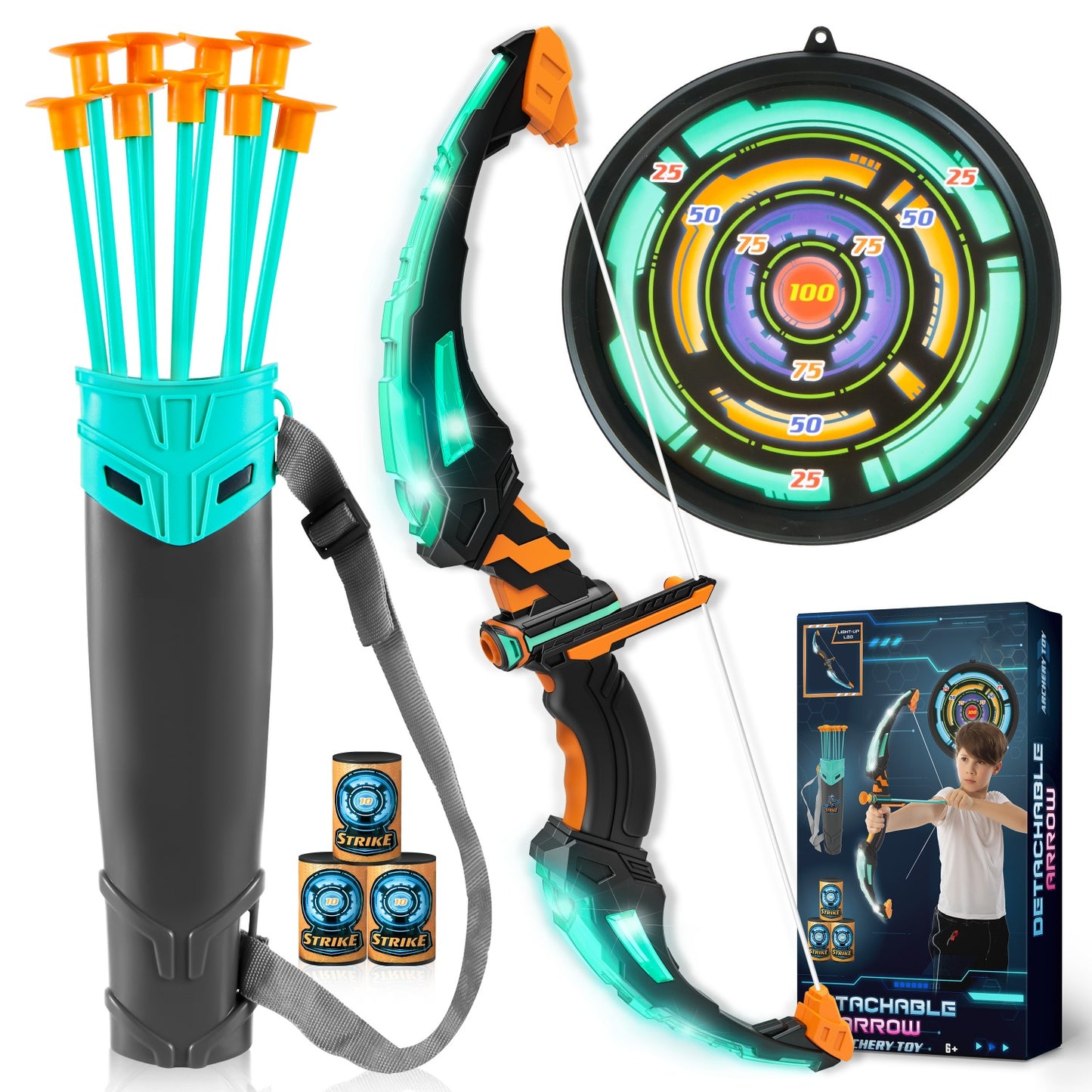 Kids LED Light Up Bow and Arrow Toy with 9 Suction Cup Arrows, Target & Case - ASTM- Archery Set Suitable for Boys & Girls, Indoor/Outdoor Archery Gift for Birthday/Christmas, - with Flashing Modes (Bow)
