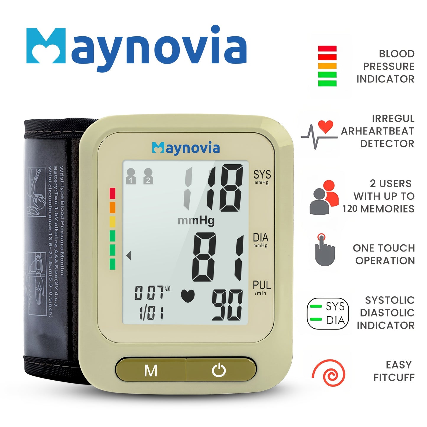 Maynovia Automatic Wrist Cuff Blood Pressure Monitors Large LED Display Hypertension Detector For Home Support 2 Users 120x2 Reading Memory With Carrying Box