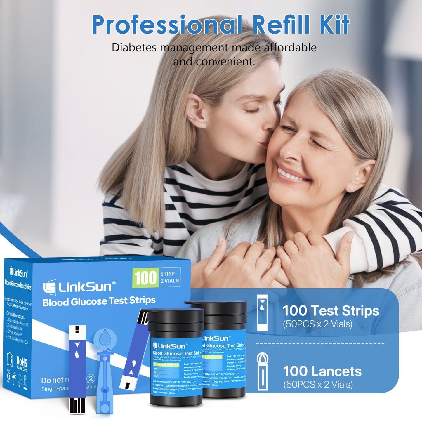 LINKSUN Blood Glucose Monitor Kit With 100 Strips And Lancets