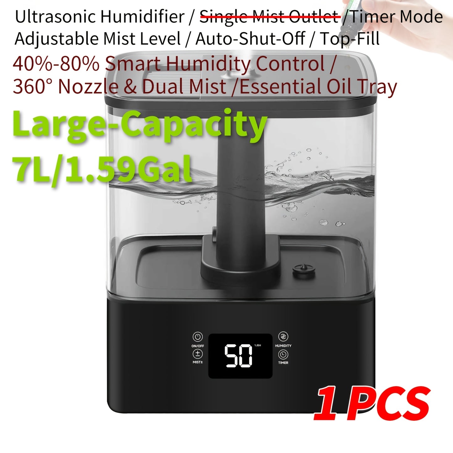 Humidifier: 1.85Gal/7L Humidifiers for Home, Humidifiers for Bedroom / Baby / Plants/Office, Luxury Large-Capacity Aroma System for Whole-Home Fragrance. Humidity Control Display Diffuser: Top-Fill, 360° Nozzle & Dual Mist,