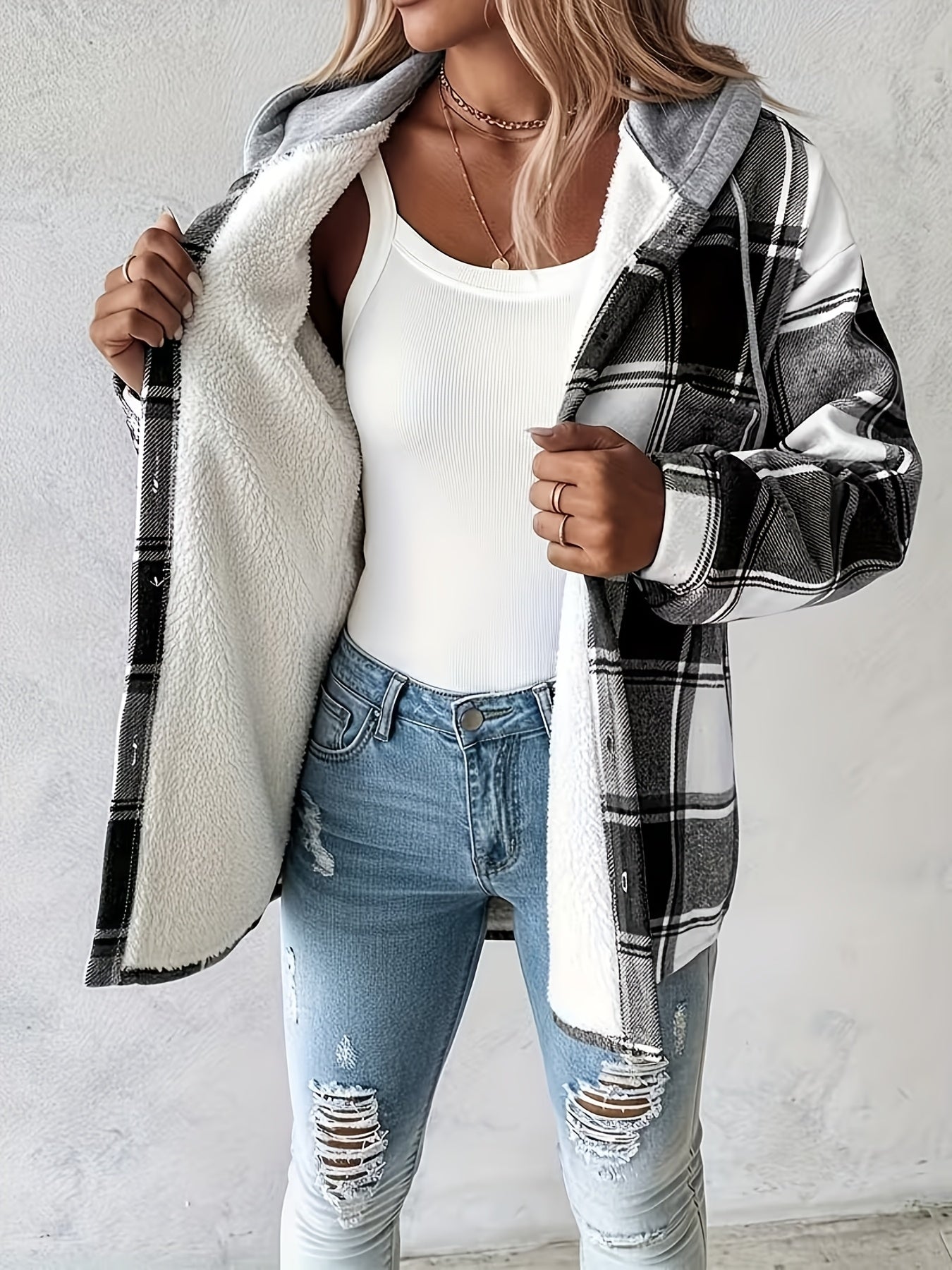 SCACTO Shacket Plaid Pattern Fleece-Lined Hooded Jacket