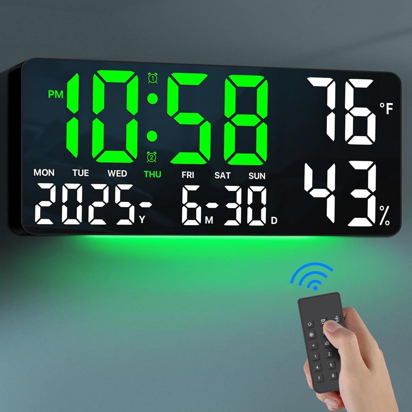 14.6" Large Digital Wall Clock with Remote Control, Dual Alarm, Big LED Display, Night Light, Humidity, Date, Week, Temp - Perfect Father'S Day Gift for Living Room, Bedroom, Elderly