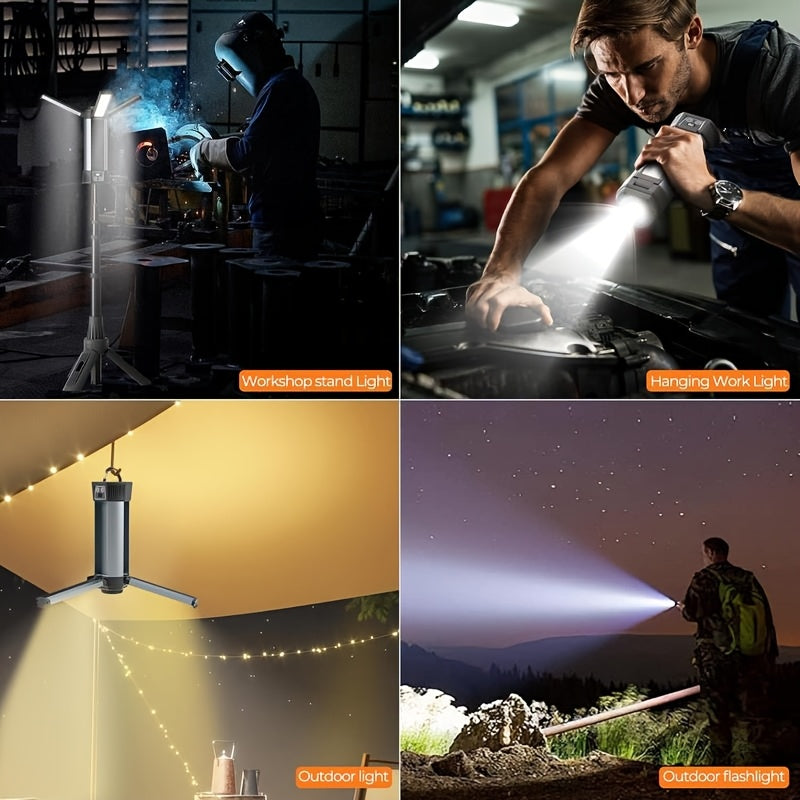 Rechargeable Camping Light with Stand, 47" Cordless Work Light with 3 LED Lamp Heads, 2000LUMEN Dimmable Magnetic Emergency Flashlight with Detachable Tripod for Outdoor Indoor