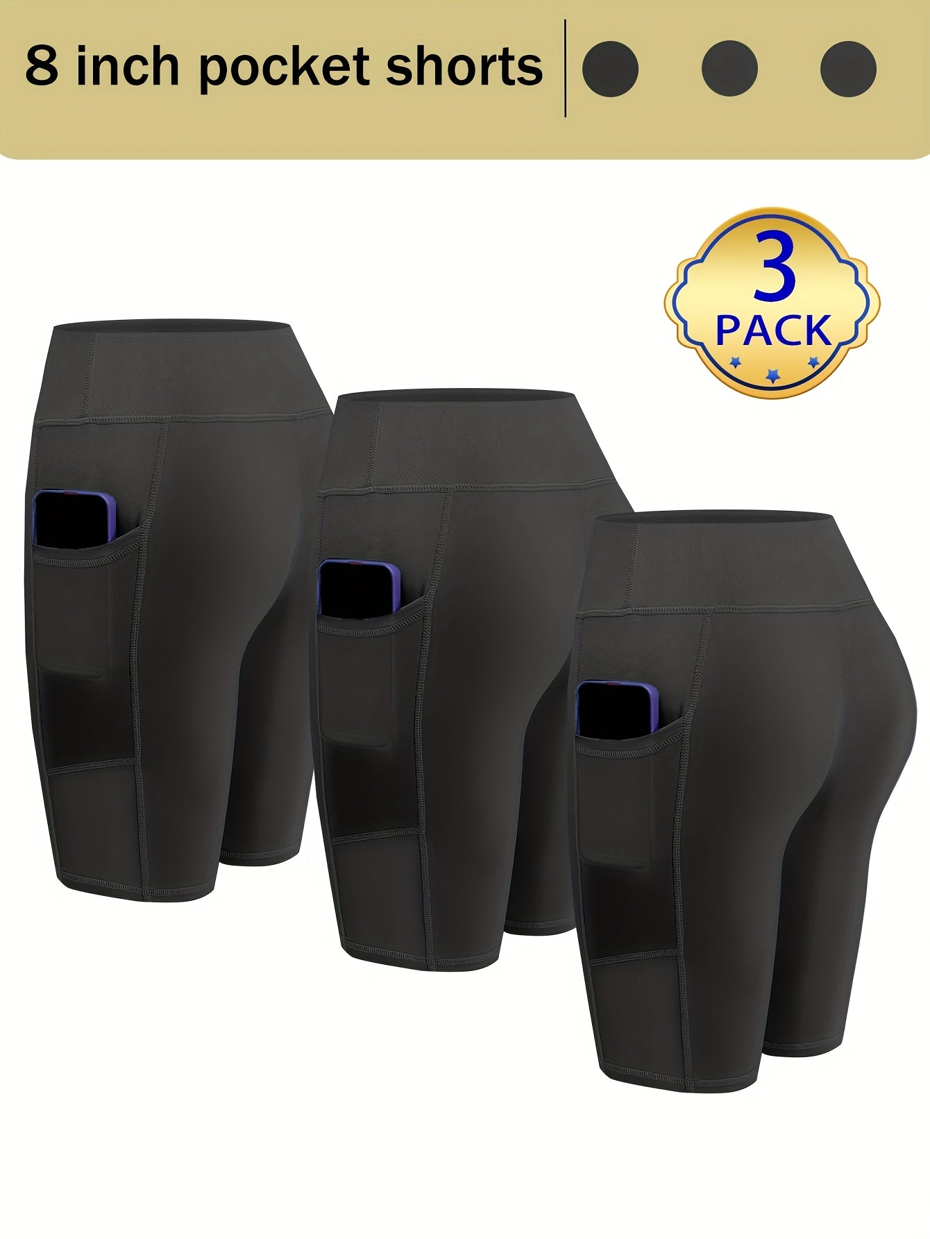 Womens 3pcs Biker Yoga Shorts with Pockets Short Leggings 8" Inseam Tummy Control High Waisted Spandex Athletic Running Workout Gym Shorts