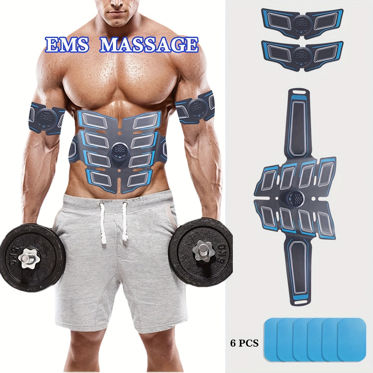 EMS abdominal muscle stimulator, 1 abdominal belt+2 arms+3 host+gel film, muscle auxiliary stimulator, suitable for arm/ abdomen/ thigh, USB charging massager, EMS electronic massage, multi-functional muscle stimulator, 6 mod