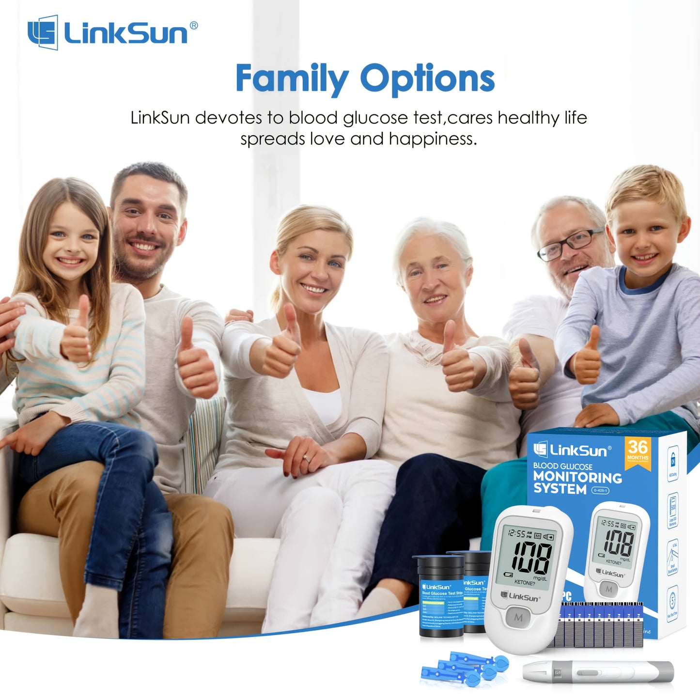 LINKSUN Blood Glucose Monitor Kit With 100 Strips And Lancets