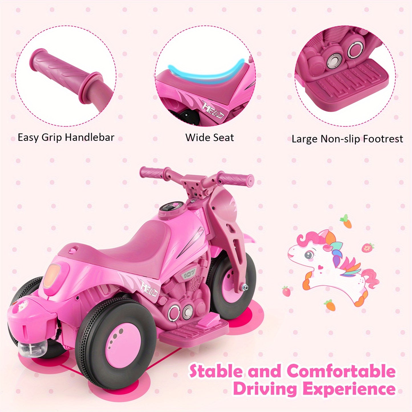 6V Electric Ride-On Bubble Car, Powered Toy Motorcycle with Bubble Function,, LED Light, 3 Wheels, Electric Motorcycle for Kids, Great Birthday Gift for Boys Girls
