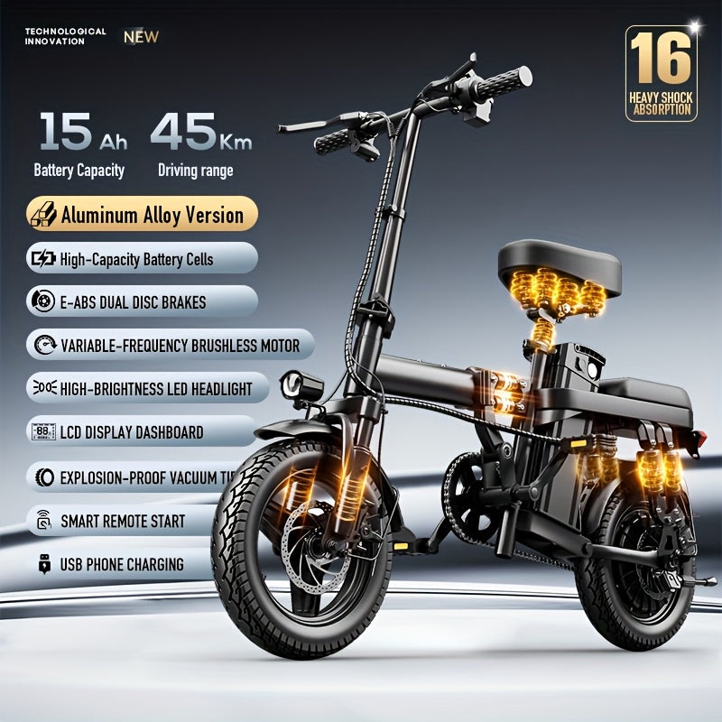 Electric Folding Bicycle, Equipped with 16-Level Shock Absorption Device, 500-Watt Motor, 48-Volt 15-Ampere Battery, with A Range of Up to 45 Kilometers. Can Support Up to 380 Pounds