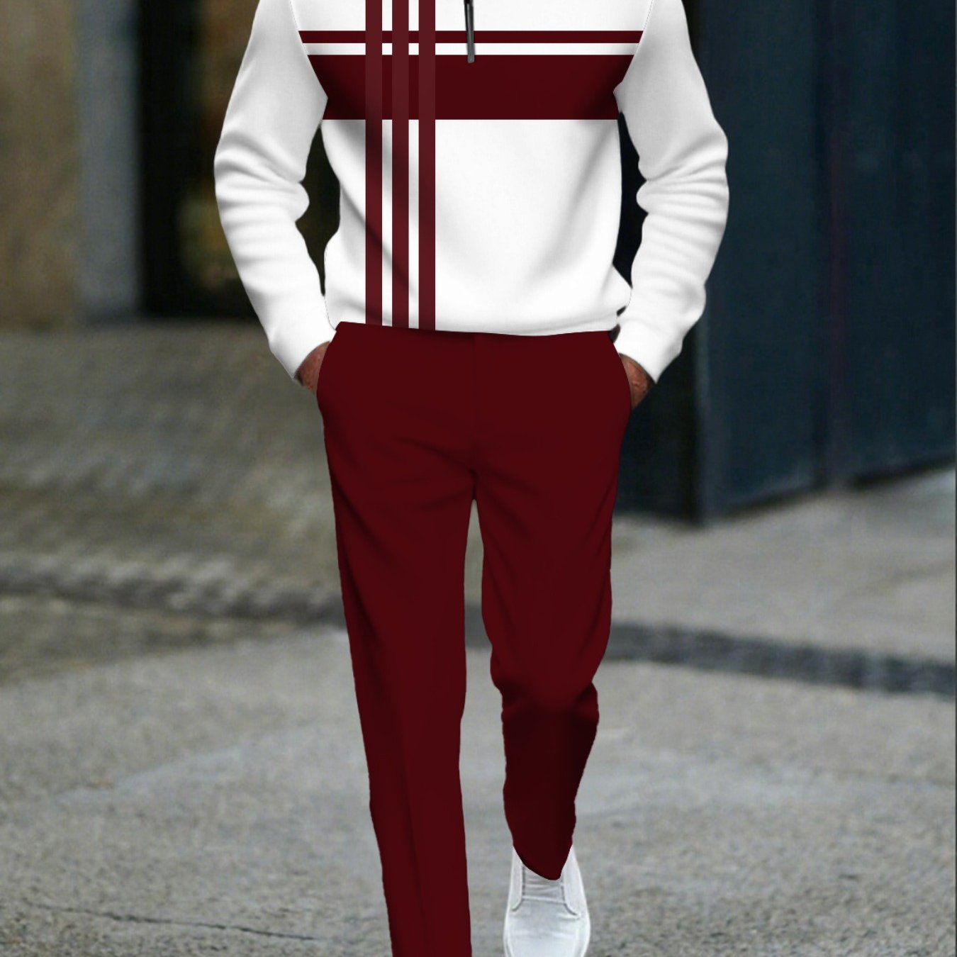 Men'S Two-Piece Tracksuit Set - Half-Zip Sweatsuit Outfit with Burgundy & Striped Pattern, Stand Collar Sportswear for Gym, Casual, Formal Events - Fall/Winter Clothing - Easy-Care Tracksuit Set for Everyday & Special Occasio