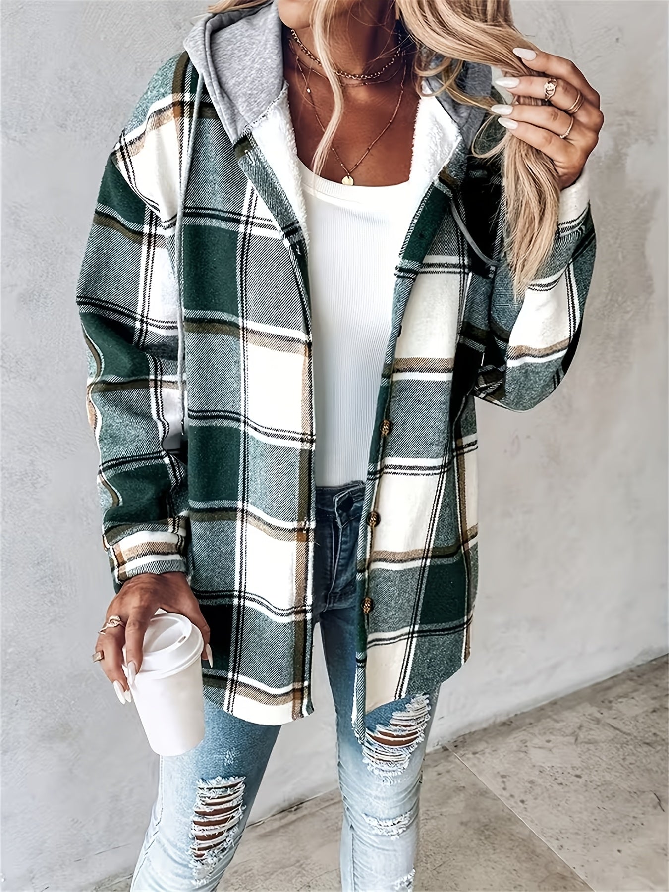 SCACTO Shacket Plaid Pattern Fleece-Lined Hooded Jacket