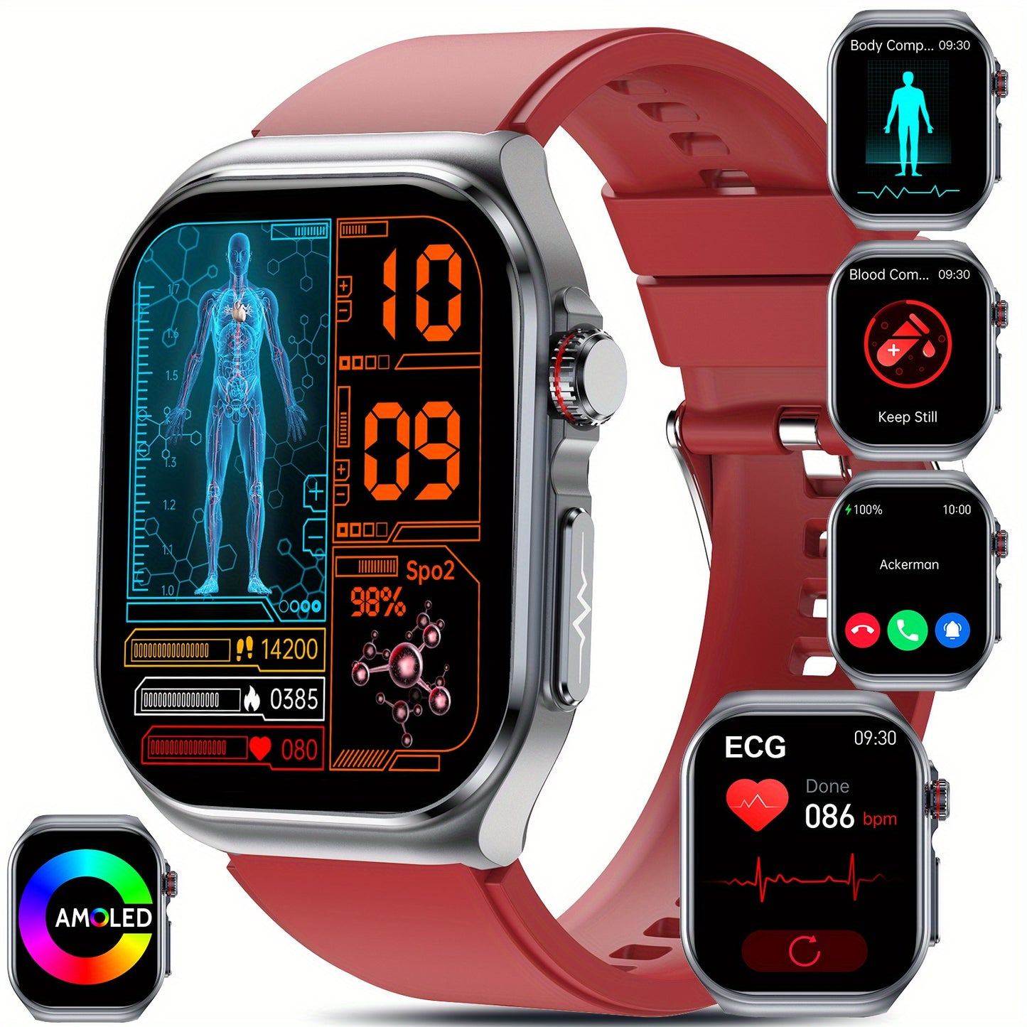 Smartwatch with 2.04" AMOLED Display, Long-Lasting Battery, Wireless Calling & NFC, Compatible for Android/iOS Smartphones, Voice Assistant/SOS, Menstrual Tracker & Weather App, Magnetic Charging, Unisex Smartwatch for Men &