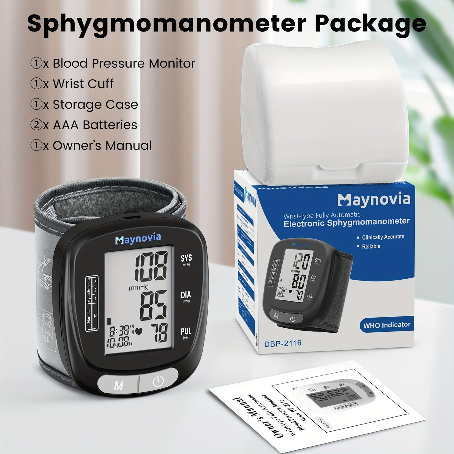 Maynovia Automatic Wrist Cuff Blood Pressure Monitors Large LED Display Hypertension Detector For Home Support 2 Users 120x2 Reading Memory With Carrying Box