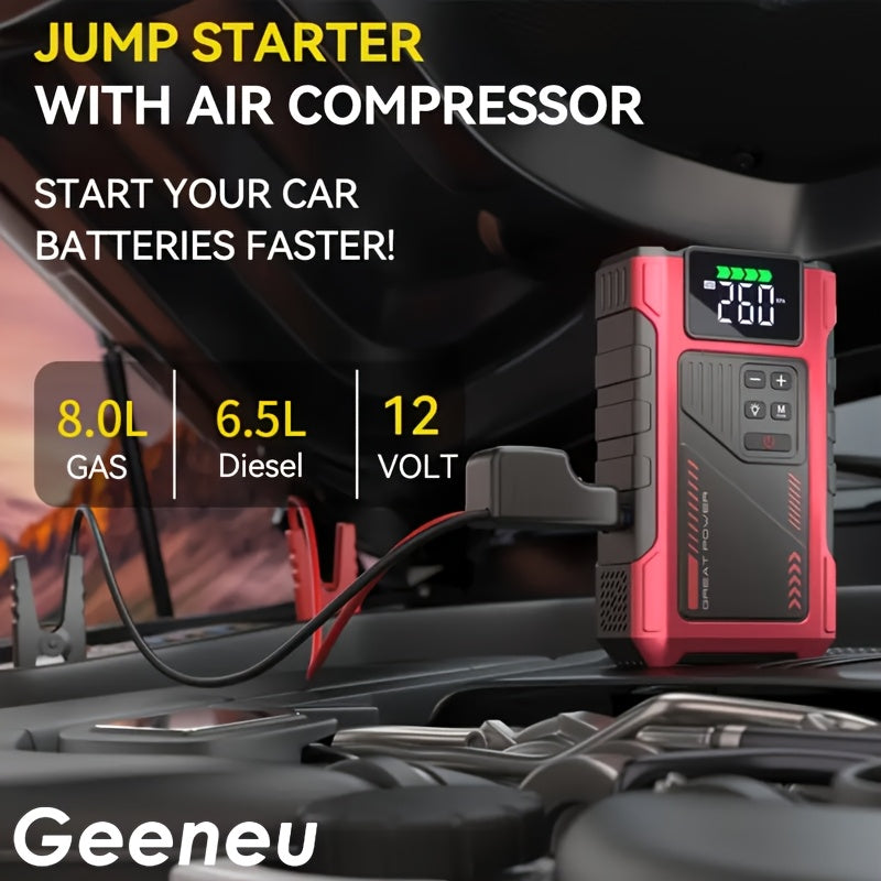 5000A Portable Wireless Car Air Compressor Jump Starter with Air Compressor, Battery Jump Starter Portable Peak, Car Battery Charger Portable For12V(8.0LGas/1.72gal Diesel) Start The Car Quickly, USB Input/output, LED Emergen