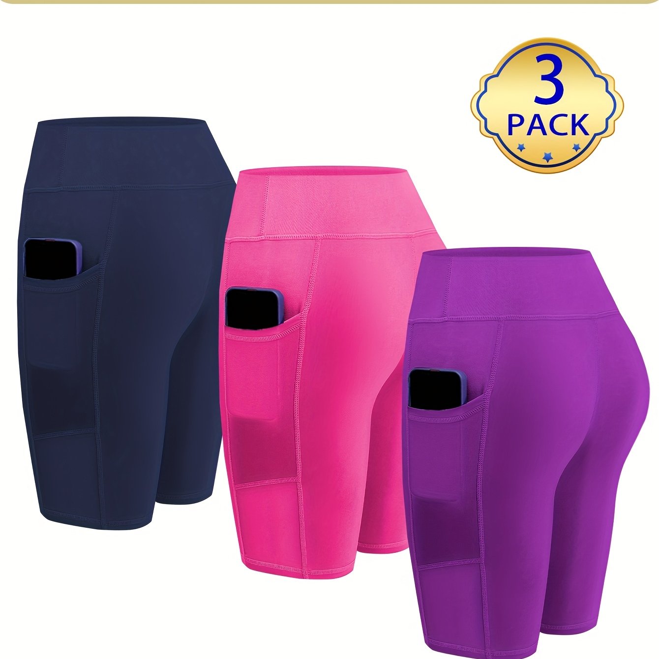 Womens 3pcs Biker Yoga Shorts with Pockets Short Leggings 8" Inseam Tummy Control High Waisted Spandex Athletic Running Workout Gym Shorts