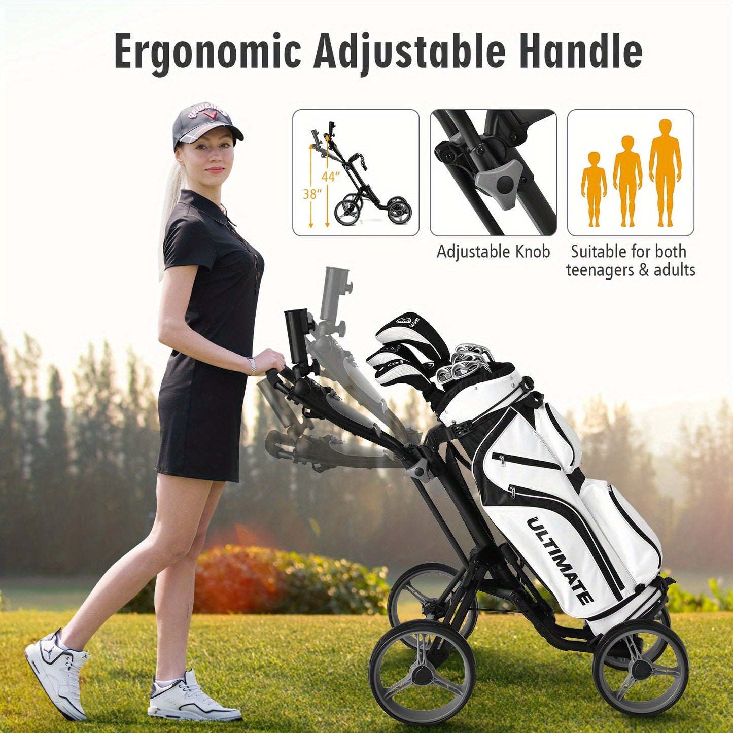 SAFSTAR Folding 4 Wheel Golf Push Cart | Stainless Steel with Brake and Scoreboard, Adjustable Handle