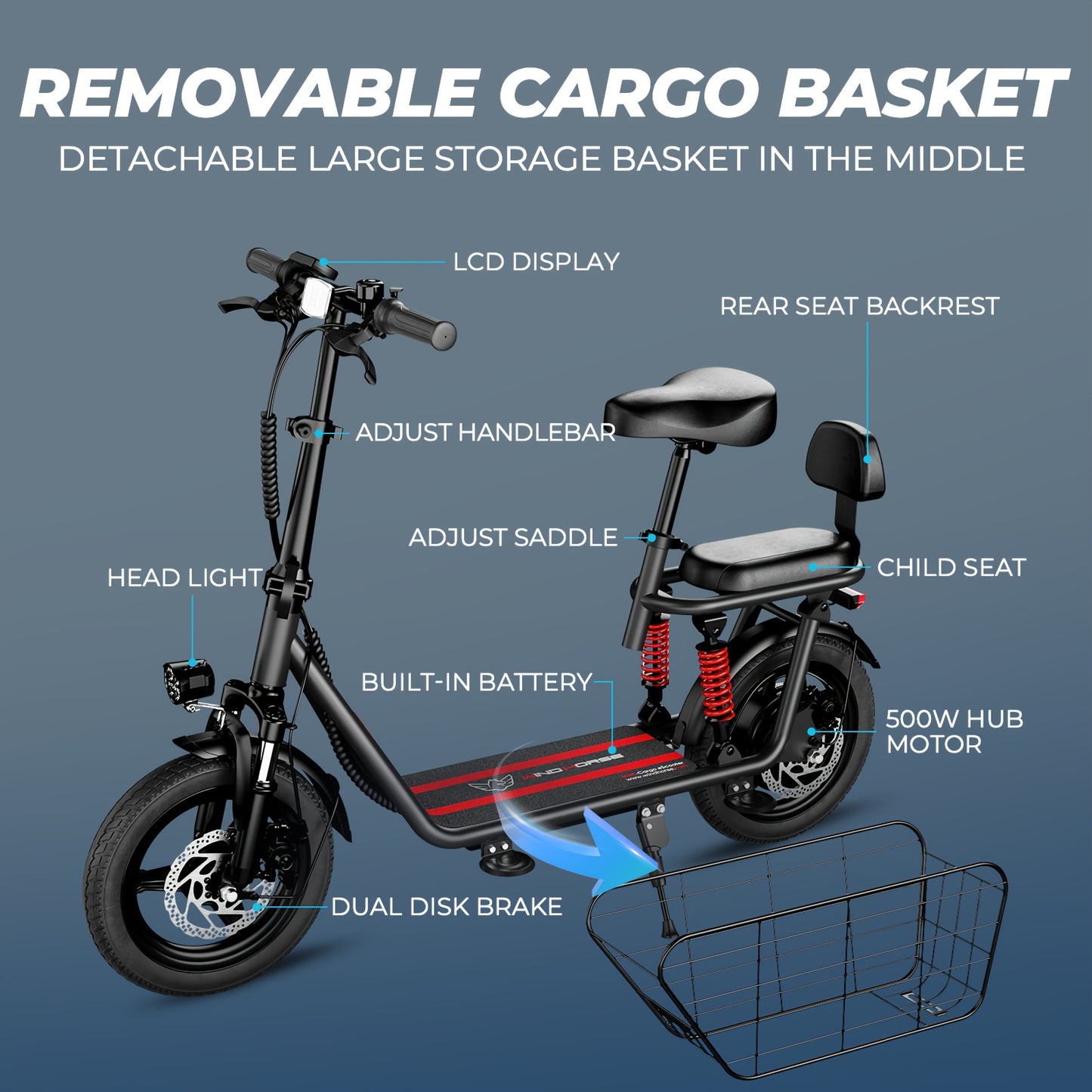 WINDHORSE Electric Scooter With Seat And Basket Dual Suspension