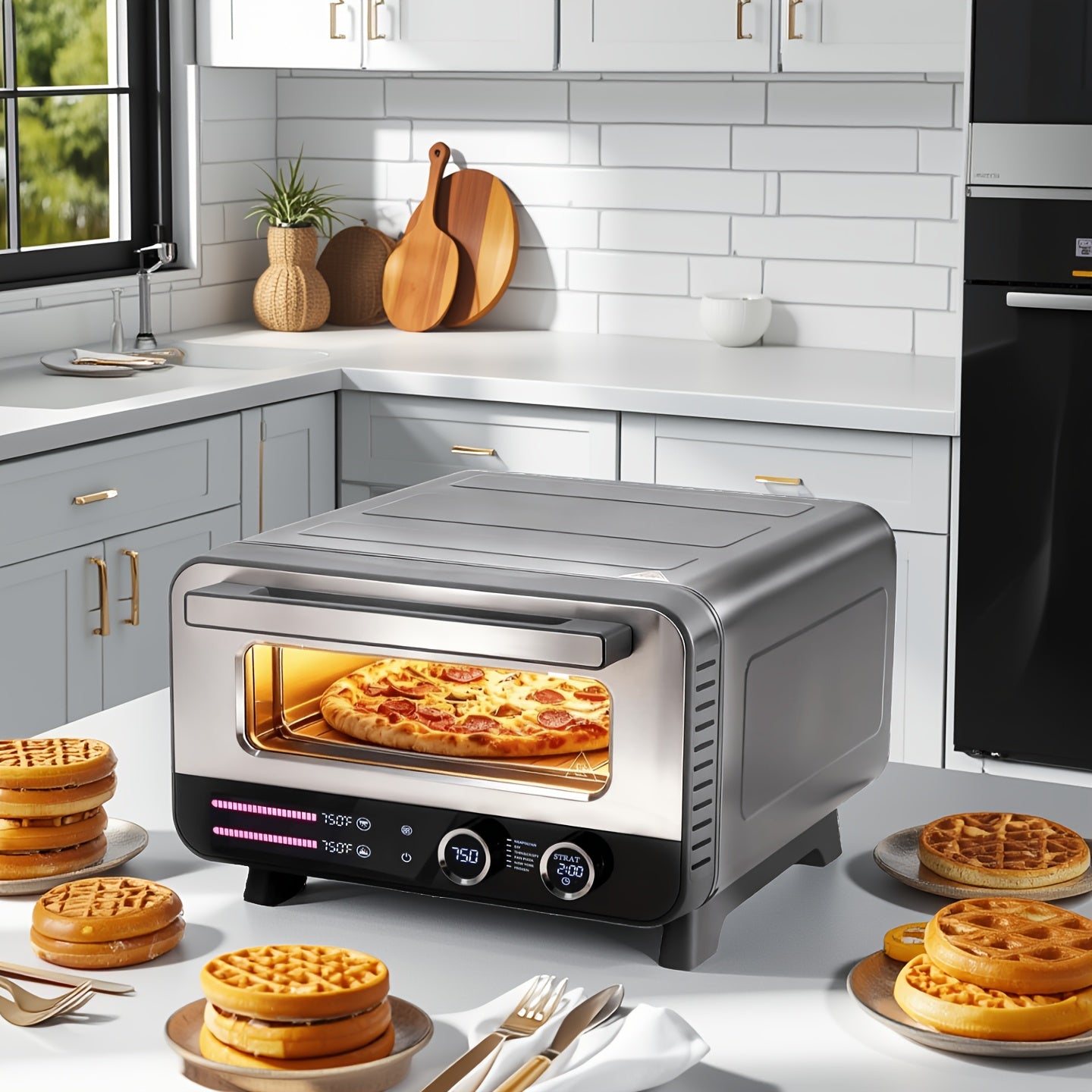 Air Fryer Toaster Oven Combo, Large/ Extra Large Countertop Convection Oven, 450°F, Stainless Steel, Includes 4/7 Accessories (Rotisserie, Tray, Rack, Pan)