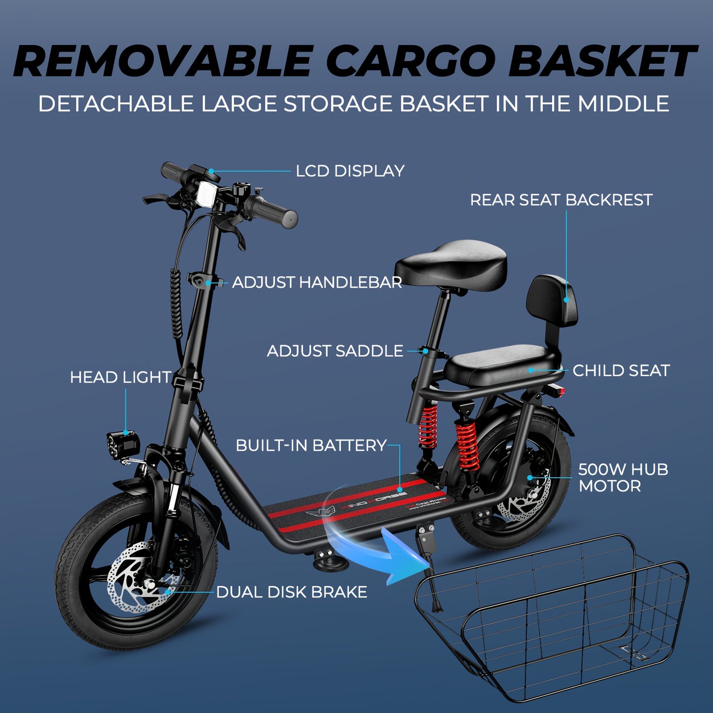 2-Seater Electric Scooter | 500W High-Speed Motor, 20MPH Top Speed, 25-Mile Range, 330LBS Load Capacity, Dual Suspension, LCD Display, 3-Speed Modes, Folding Design, Includes Free Basket, Adjustable Handlebar Height, Carbon S