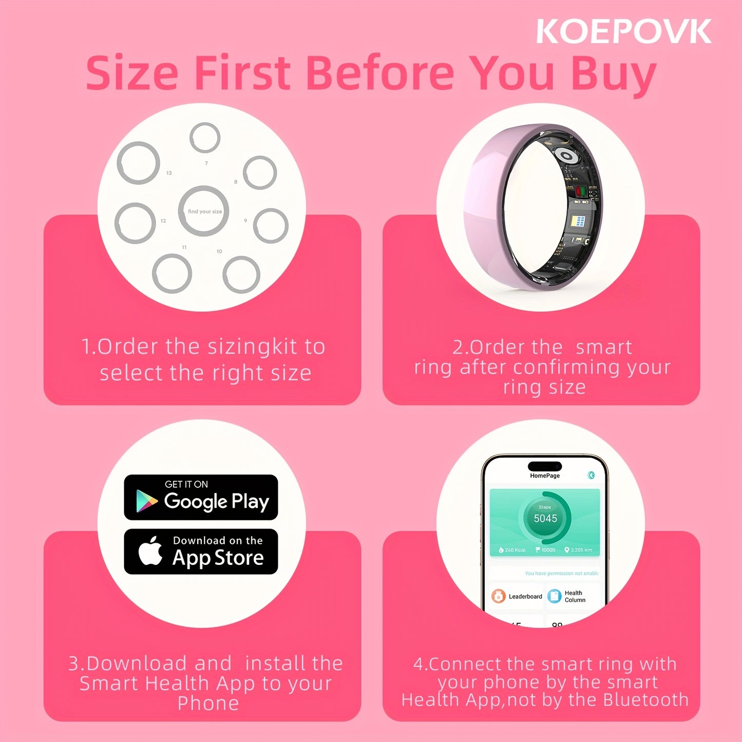 Smart Ring Stainless Steel Fitness Tracker With Crystal Case