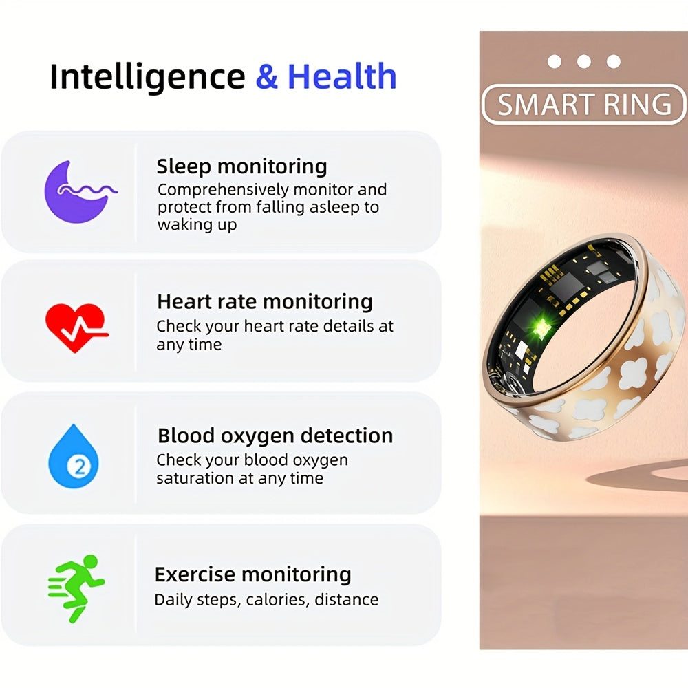 Ring Designed for Women, Featuring 5ATM Waterproof Capabilities, Tracks Activities, Stress Levels, Sleep Patterns, Menstrual Cycles, Steps Taken, Distance Traveled, And Calories Burned. This Health Tracker Is Compatible with