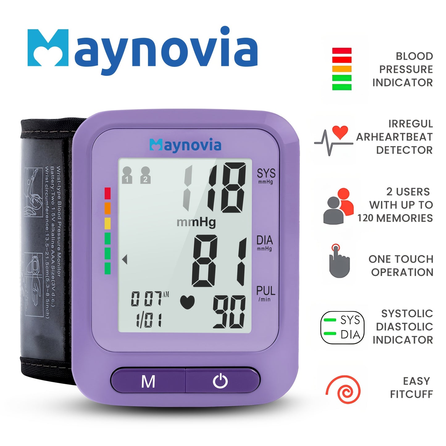 Maynovia Automatic Wrist Cuff Blood Pressure Monitors Large LED Display Hypertension Detector For Home Support 2 Users 120x2 Reading Memory With Carrying Box