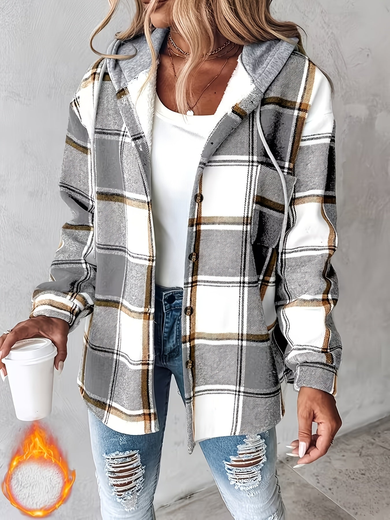 SCACTO Shacket Plaid Pattern Fleece-Lined Hooded Jacket
