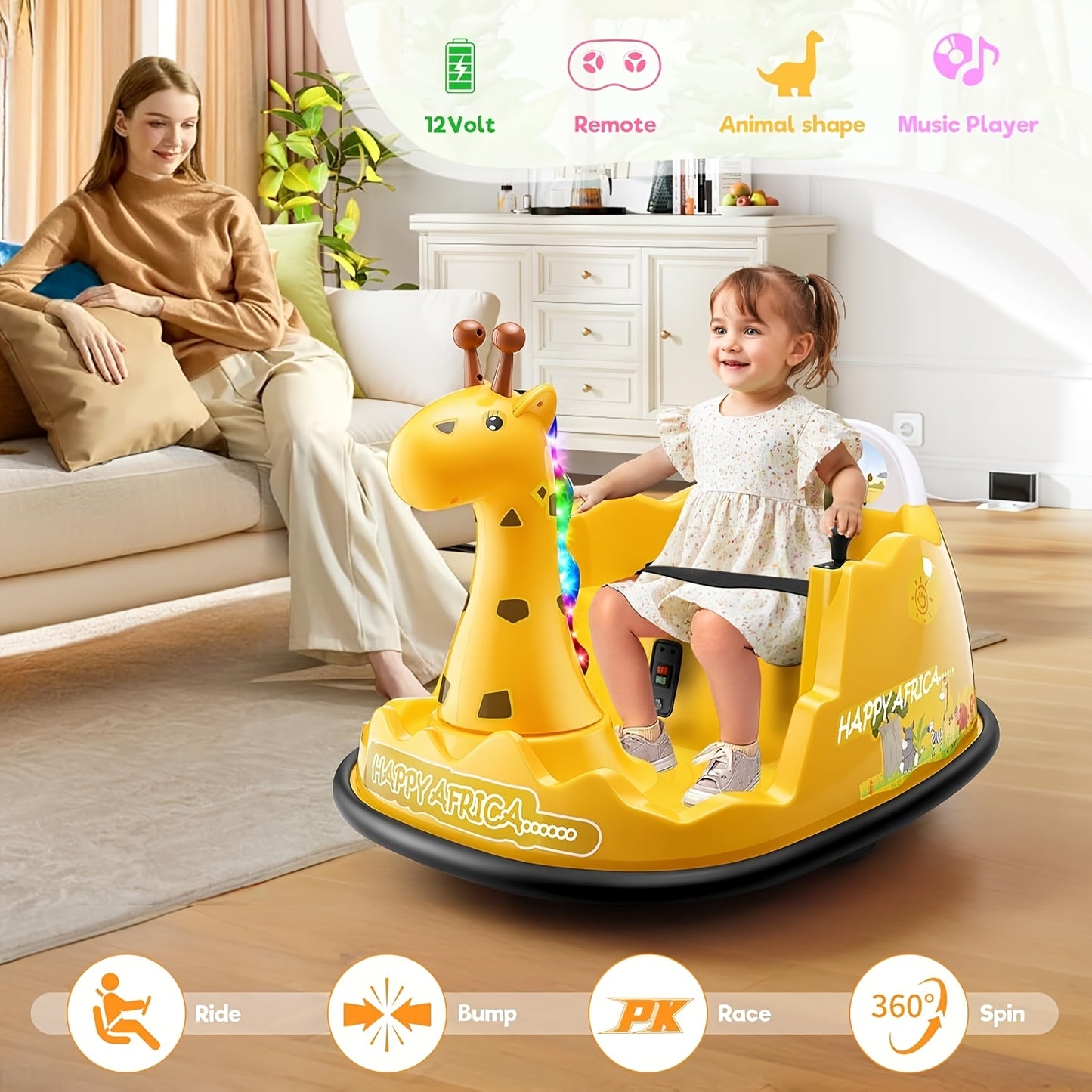 12V Kids Ride-On Bumper Car Suitable for with Parent Remote, Music, 360° Spin, 2 Driving Modes & 3-Speed - Power-Wheel Vehicle with Rubber Tires, Giraffe/LED Light or Dinosaur/LED Spray