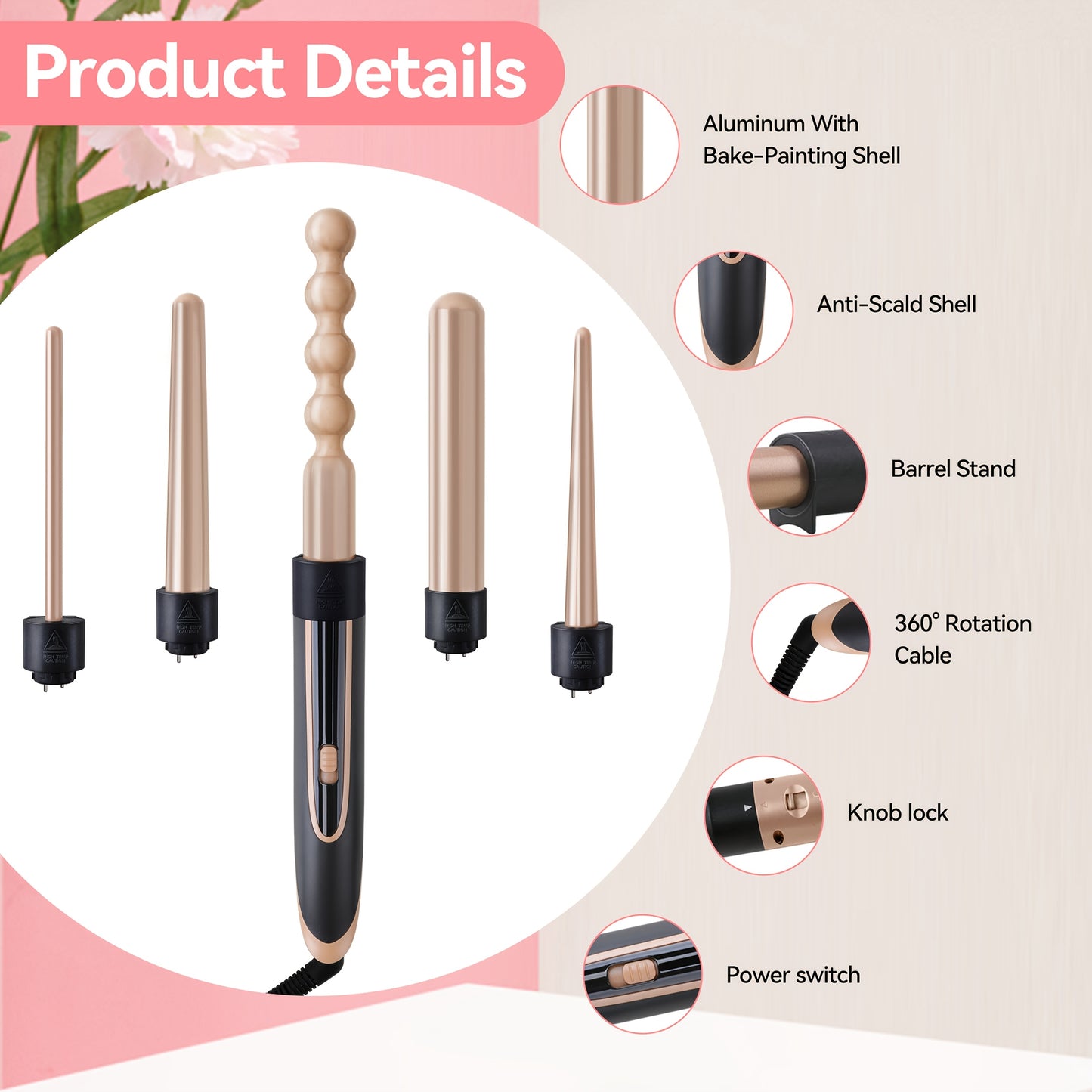 Hair Curling Wand 5in 1 Hair Curlers Iron Set 0.4" - 1.25" with 5 Ceramic Interchangeable Barrel for Long Short Hair Styling Tool for Women Gifts Birthday Christmas Thanksgiving Day New Year Festival Hairstylist Essentials St