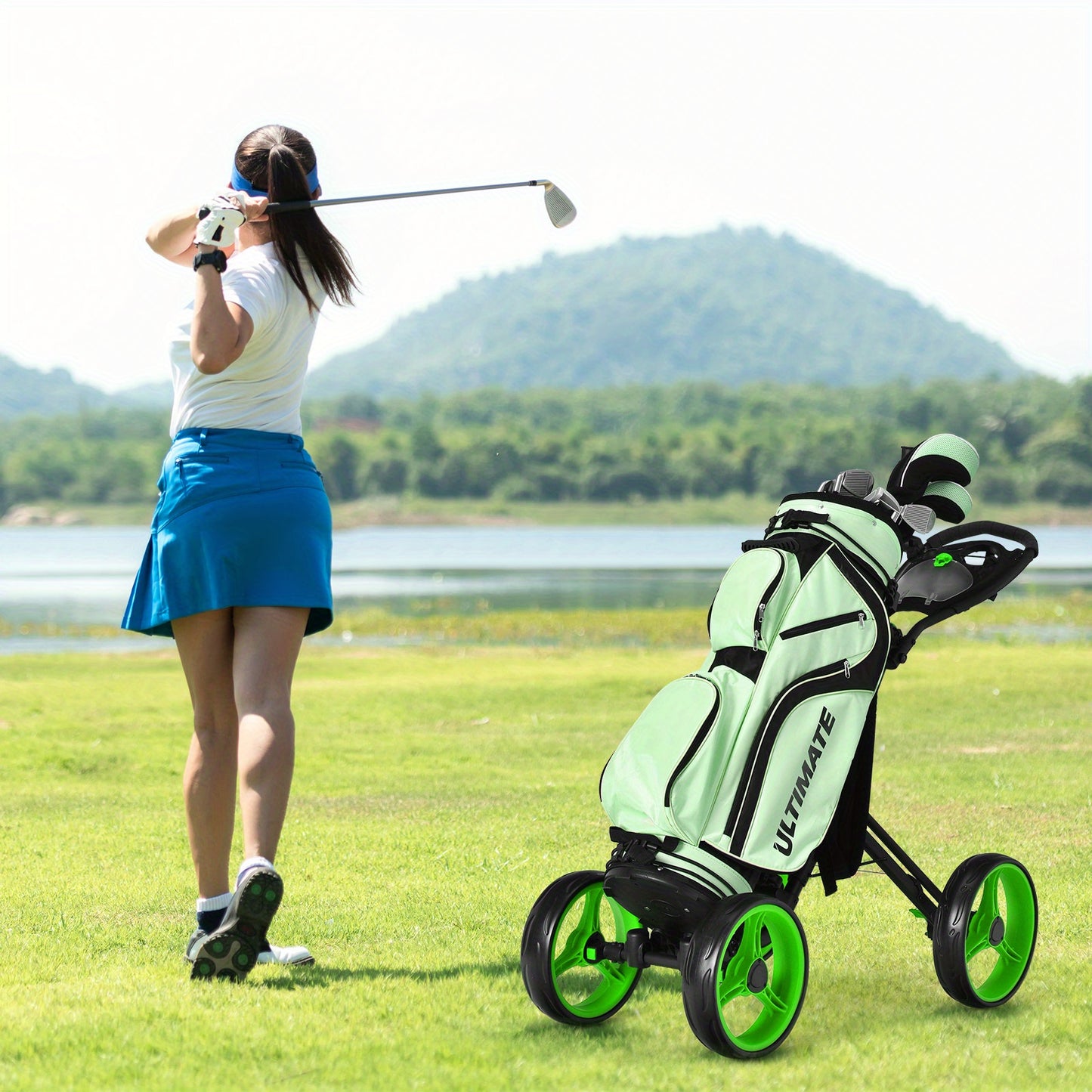 SAFSTAR Folding 4 Wheel Golf Push Cart | Stainless Steel with Brake and Scoreboard, Adjustable Handle