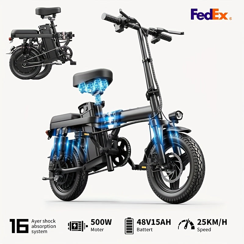 Electric Folding Bicycle, Equipped with 16-Level Shock Absorption Device, 500-Watt Motor, 48-Volt 15-Ampere Battery, with A Range of Up to 45 Kilometers. Can Support Up to 380 Pounds