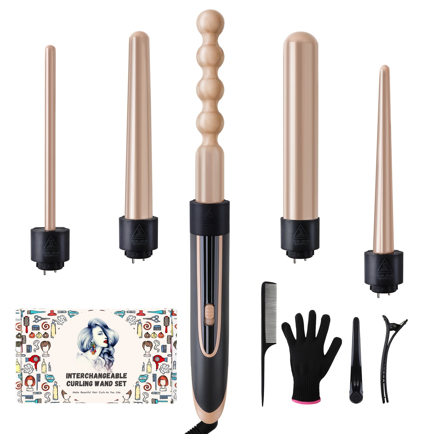 Hair Curling Wand 5in 1 Hair Curlers Iron Set 0.4" - 1.25" with 5 Ceramic Interchangeable Barrel for Long Short Hair Styling Tool for Women Gifts Birthday Christmas Thanksgiving Day New Year Festival Hairstylist Essentials St